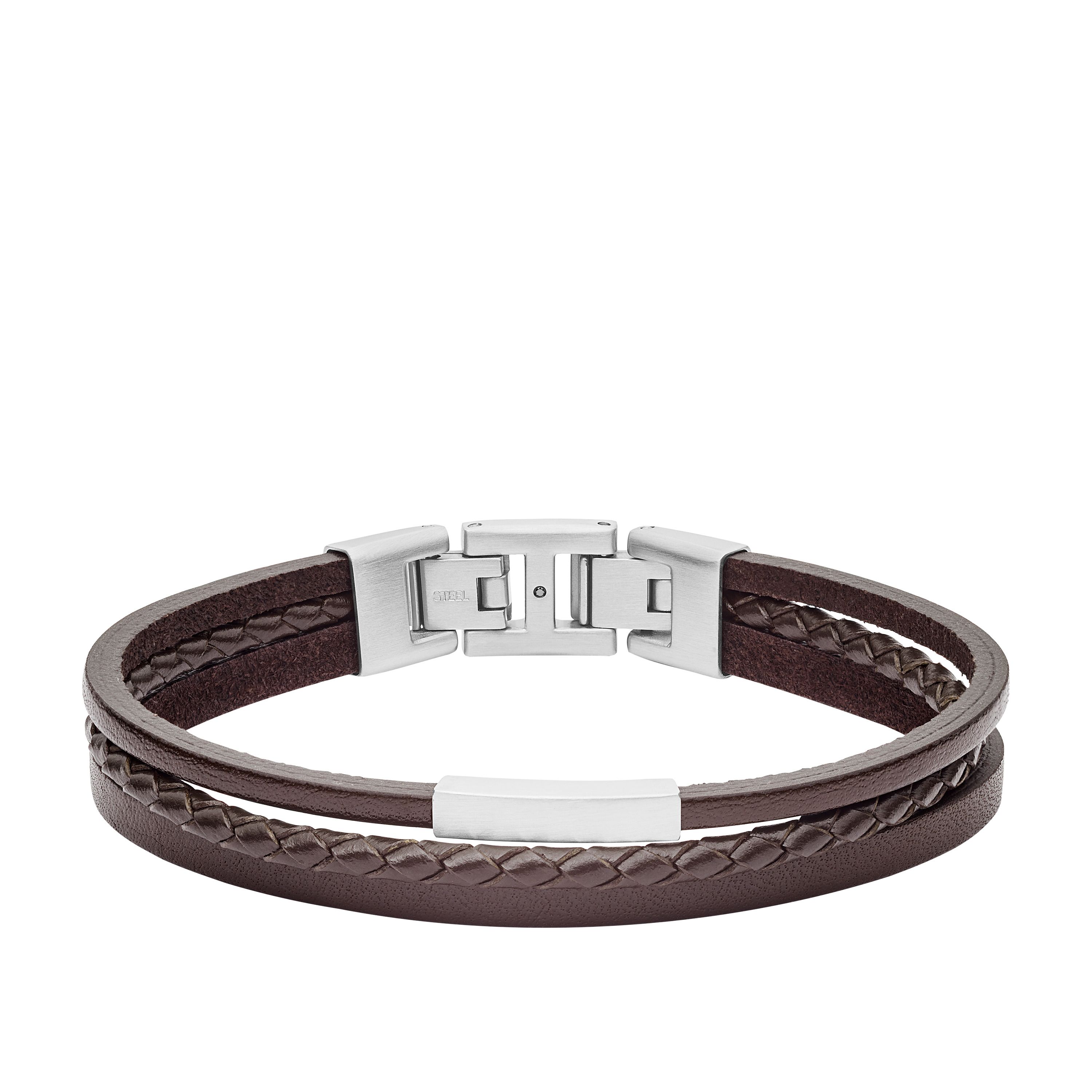 Een multi look armband, van het merk Fossil, in bruin leer met een stalen sluiting