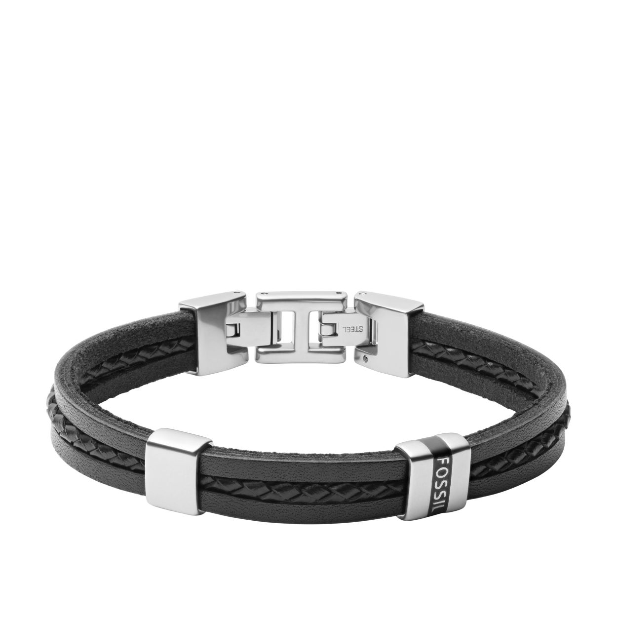 Voeg een stoer element toe aan je dag met deze zwart, leren armband van Fossil. De armband heft zilverkleurige details en een makkelijke sluiting.
