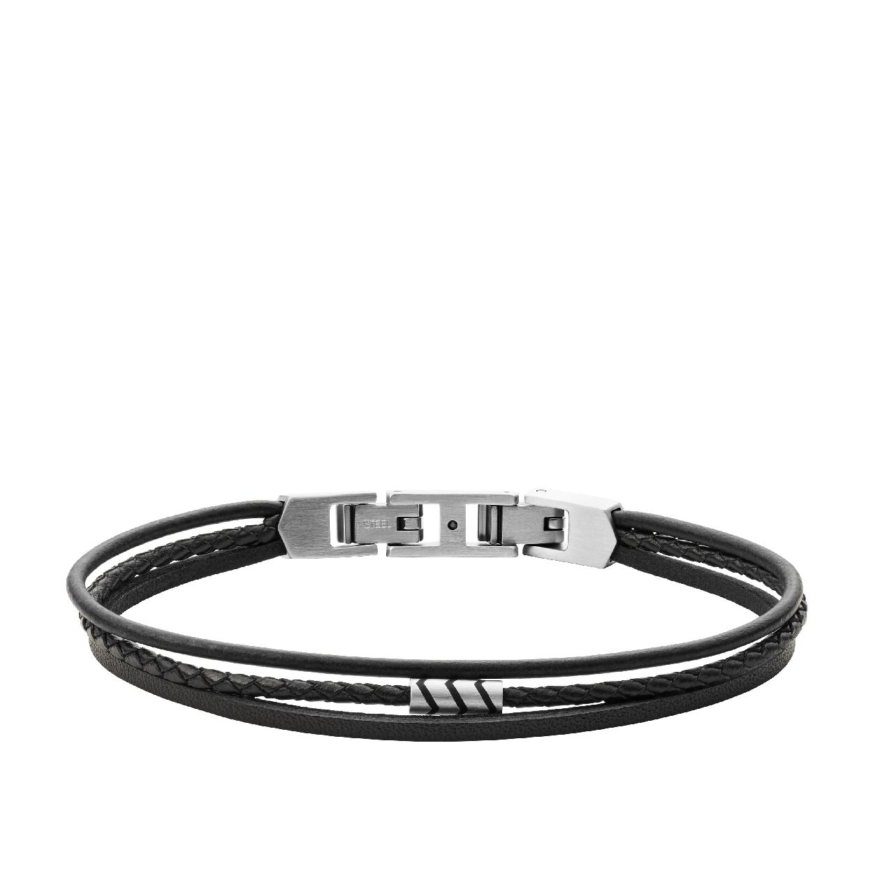 Leren armband met een edelstalen sluiting. De armband heeft 3 zwarte leren banden voor een multilook. De lengte van de armband is 19.5cm en heeft nog een extra schakel van 1.5cm.
