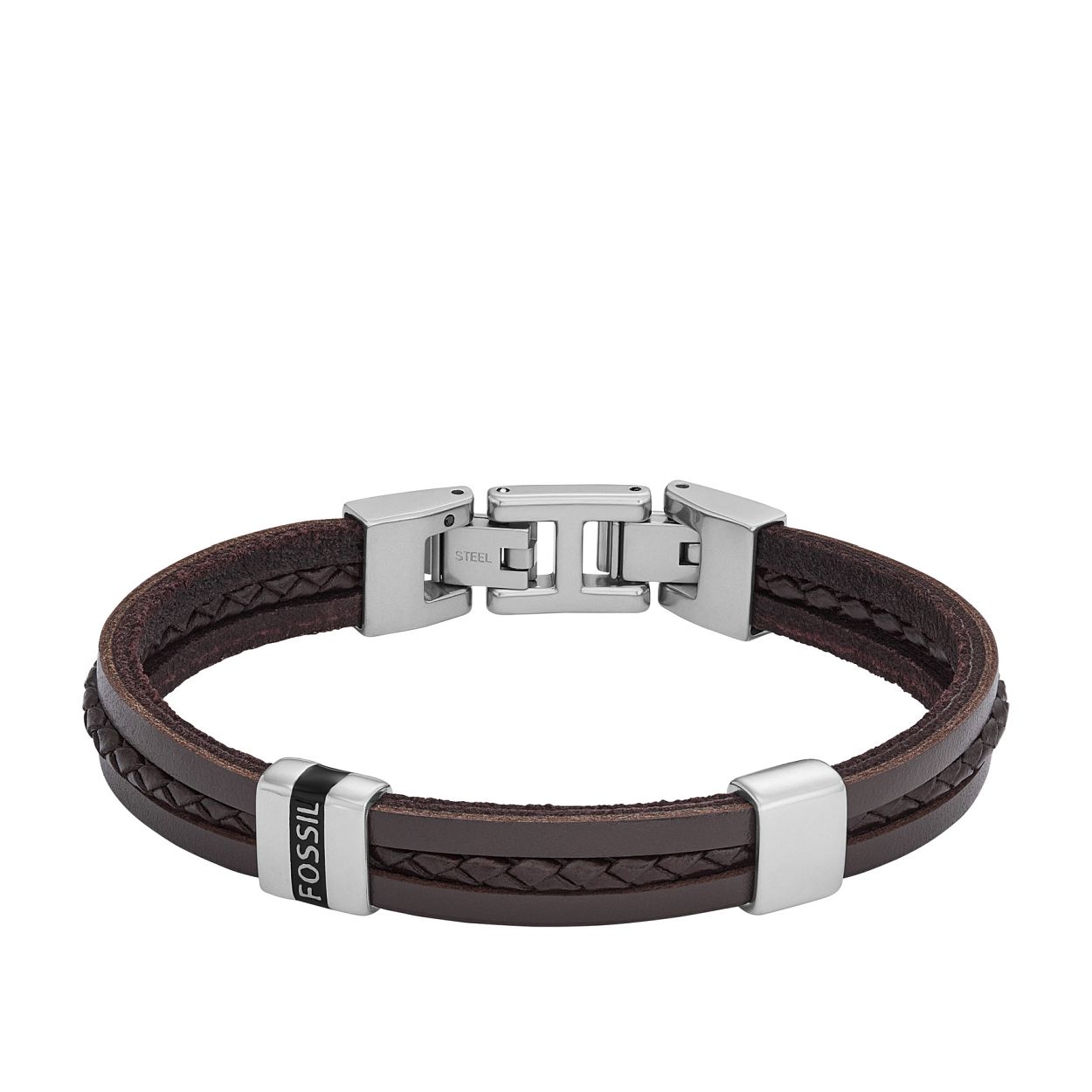 This strap bracelet features brown leather, stainless steel and a fold over closure.