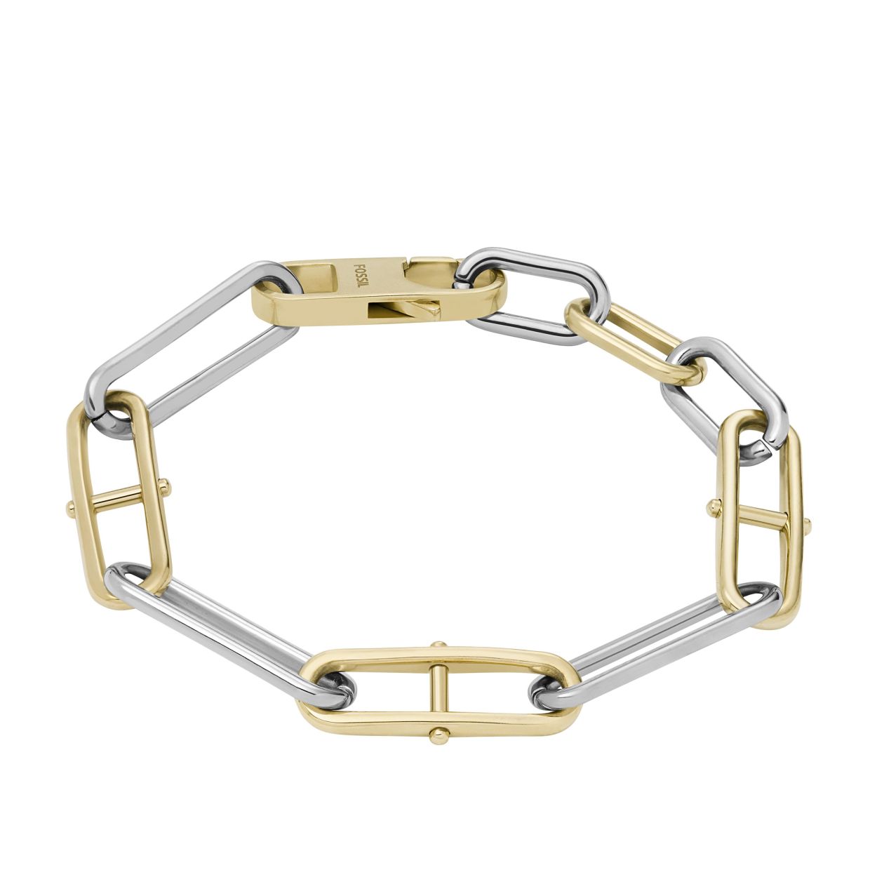 Deze schakelarmband is gemaakt van tweekleurig roestvrij staal en heeft een karabijnsluiting.