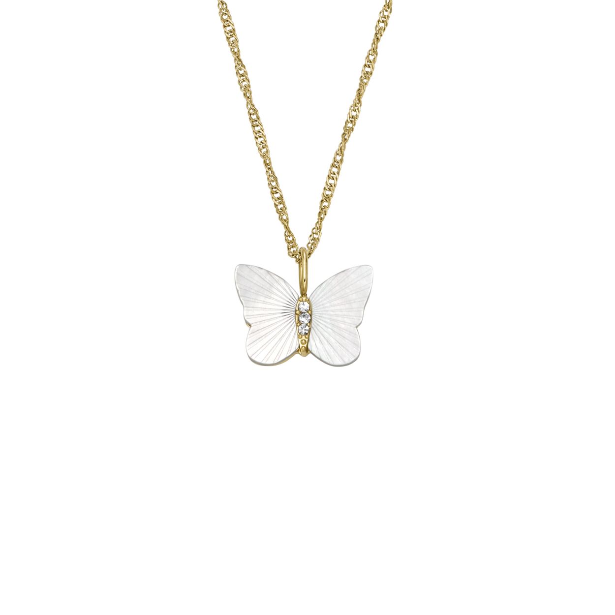 De Radiant Wings-collectie symboliseert vertrouwen en transformatie en is gemaakt met het geven van cadeaus in gedachten. Deze prachtige ketting heeft een elegante parelmoeren vlinder met fijn etswerk en opvallende kristallen, een goudkleurige roestvrijstalen ketting en een karabijnsluiting.
Dit is een collier van het merk Fossil voor dames. De kleur is goud en het is gemaakt van roestvrij staal.
