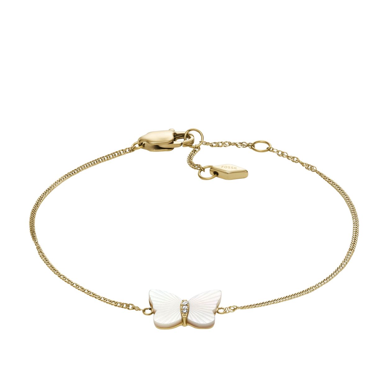 De Radiant Wings-collectie symboliseert vertrouwen en transformatie en is gemaakt met het geven van cadeaus in gedachten. Deze prachtige armband heeft een elegante parelmoeren vlinder met fijn etswerk en opvallende kristallen, een goudkleurige roestvrijstalen ketting en een karabijnsluiting.