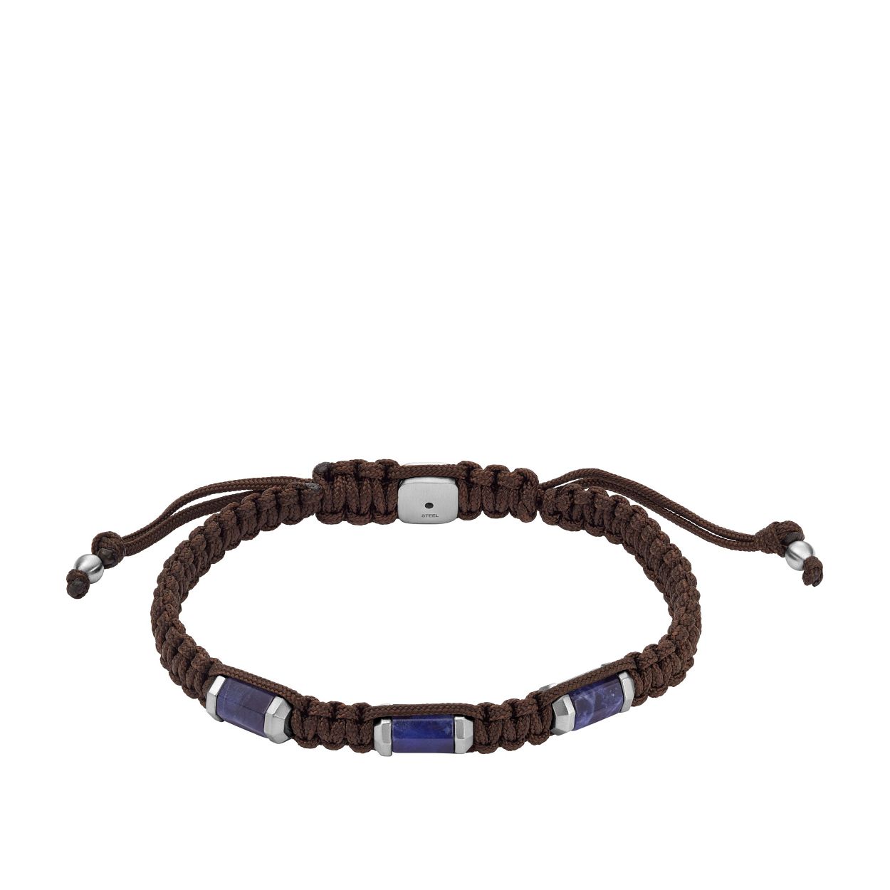 Bruine nylon cobra stitch armband met sodaliet kralen en stalen accenten.