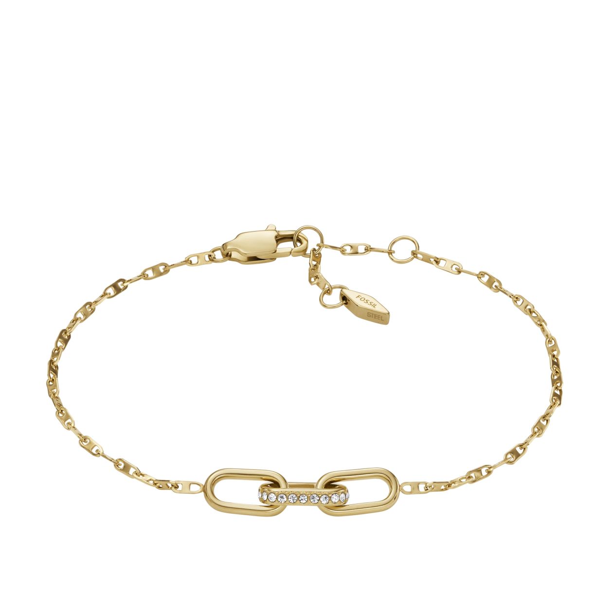 Onze Fossil Heritage-sieradencollectie eert gedurfd en tijdloos ontwerp. Deze goudkleurige armband met een karabijnsluiting heeft ons kenmerkende D-link ontwerp en kan zelfstandig worden dragen als een alledaags item of gelaagd met je favoriete horloge en armbanden.