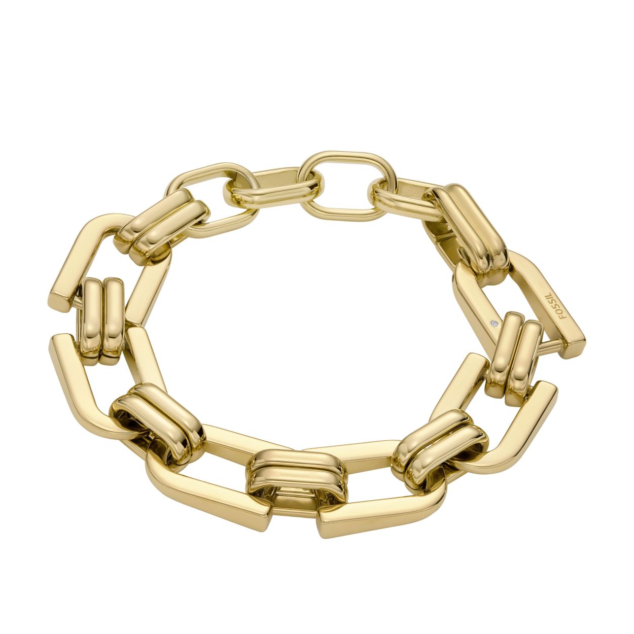 De Fossil Heritage Jewellery-collectie toont een gedurfd en tijdloos design. Deze opvallende goudkleurige armband met drukclipsluiting kan op zichzelf gedragen worden als statement piece, of gelaagd met je favoriete horloge en armbanden.
Draagbaar van 16 tot 21 cm