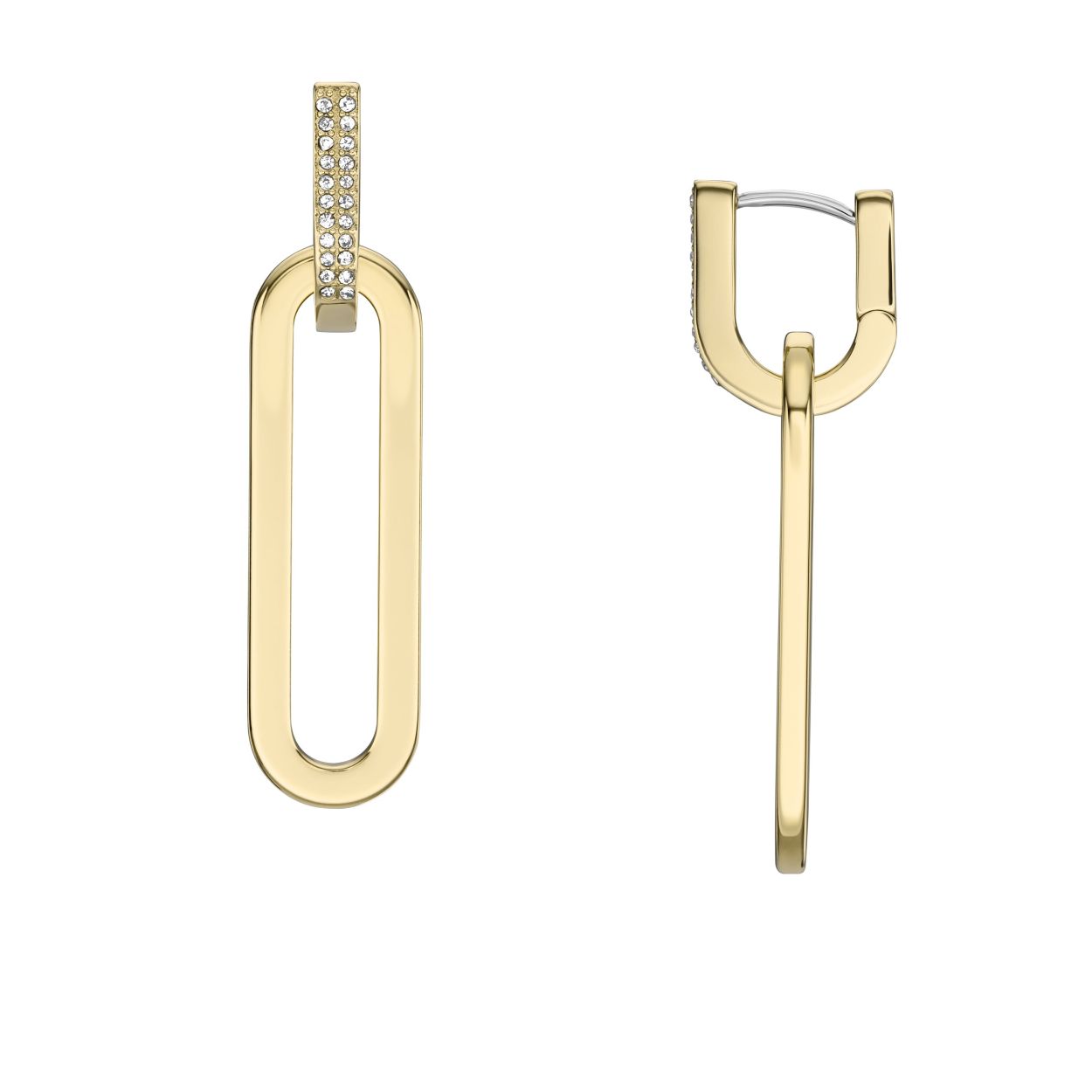 Onze Fossil Heritage Jewelry-collectie viert gedurfd en tijdloos design. Deze 2-in-1 goudkleurige oorbellen hebben ons Heritage D-link design met kristallen en een geborstelde afwerking. Ze veranderen onmiddellijk in een knuffelstijl door simpelweg van het bungelende gouden stuk af te glijden.

Roestvrij staal
Roestvrij staal is een duurzaam metaal van hoge kwaliteit dat een hogere weerstand heeft tegen aanslag en corrosie, en zal niet oxideren of zwart worden. Roestvrij staal is ook hypoallergeen, het beschermt de huid tegen irritatie. Roestvrij staal is niet-magnetisch.

Fossil
Fossil is een toonaangevend wereldwijd merk voor lifestyle-accessoires, geïnspireerd door creativiteit en vindingrijkheid. We creëren tijdloze, goed gemaakte lederwaren, sieraden en horloges om een vreugdevol, geïnspireerd leven te verrijken. Bij alles wat we doen, streven we naar goede kwaliteit, waarbij we werken aan het creëren van positieve verandering voor onze mensen gemeenschappen.