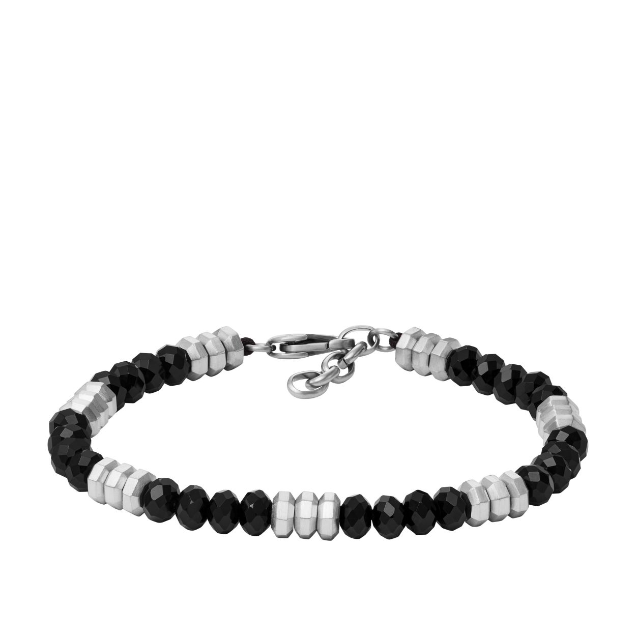 Fossil armband met stalen en zwarte agaat kralen.