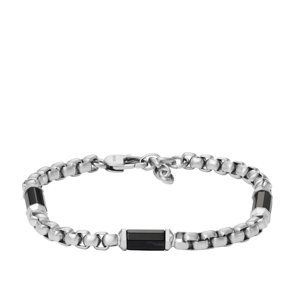 Edelstalen Fossil armband met Onyx halfedelstenen de armband is  draagbaar tot een polsmaat van 19cm tot 21cm