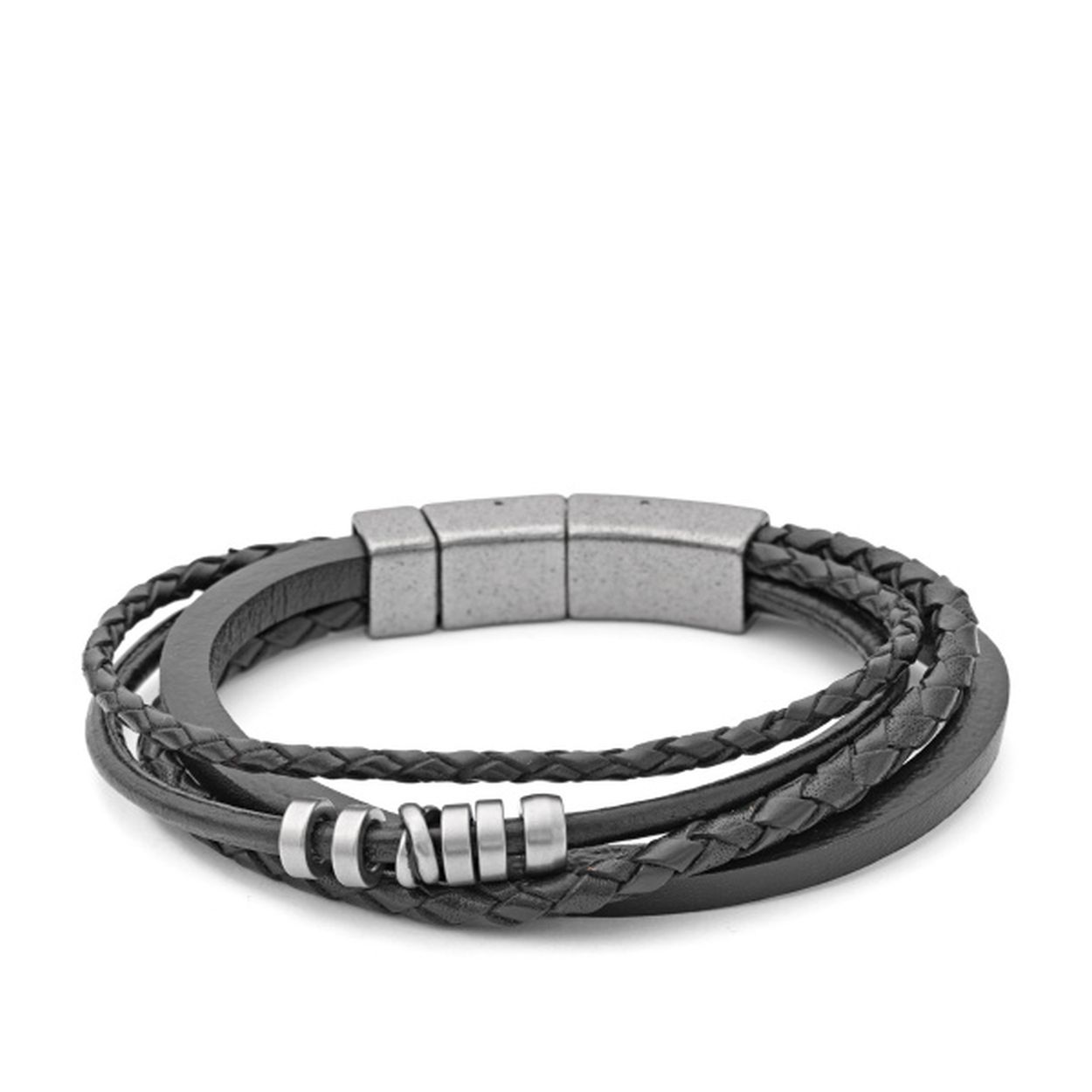 Heren armband leer zwart met staal 22cm