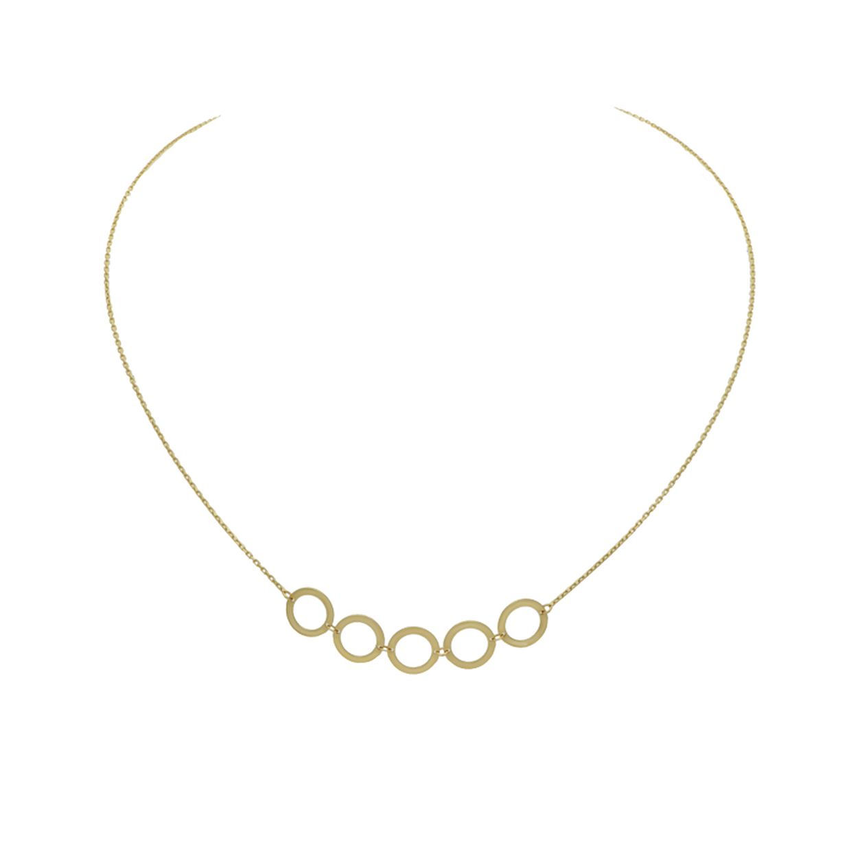 14k gouden collier met 5 open cirkels. 
Lengte van het collier is 40-42,5-45cm