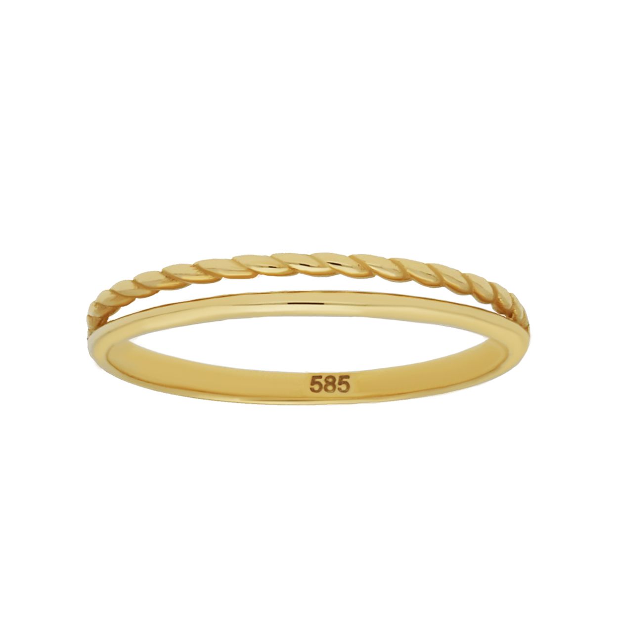 14k gouden ring, waarvan 1 band glad is en de ander gedraaid