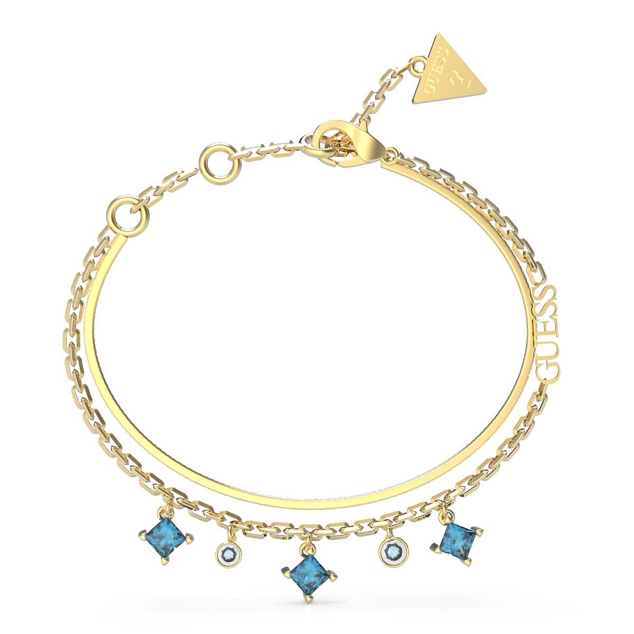 Een must have voor dit seizoen, deze goudkleurige armband uit de PERFECT LIAISON collectie van Guess jewellery. De trend van het moment, de 'snake' armband, in dit model gecombineerd met een fijne schakel met blauwe- en transparante zirkonia bedels.
