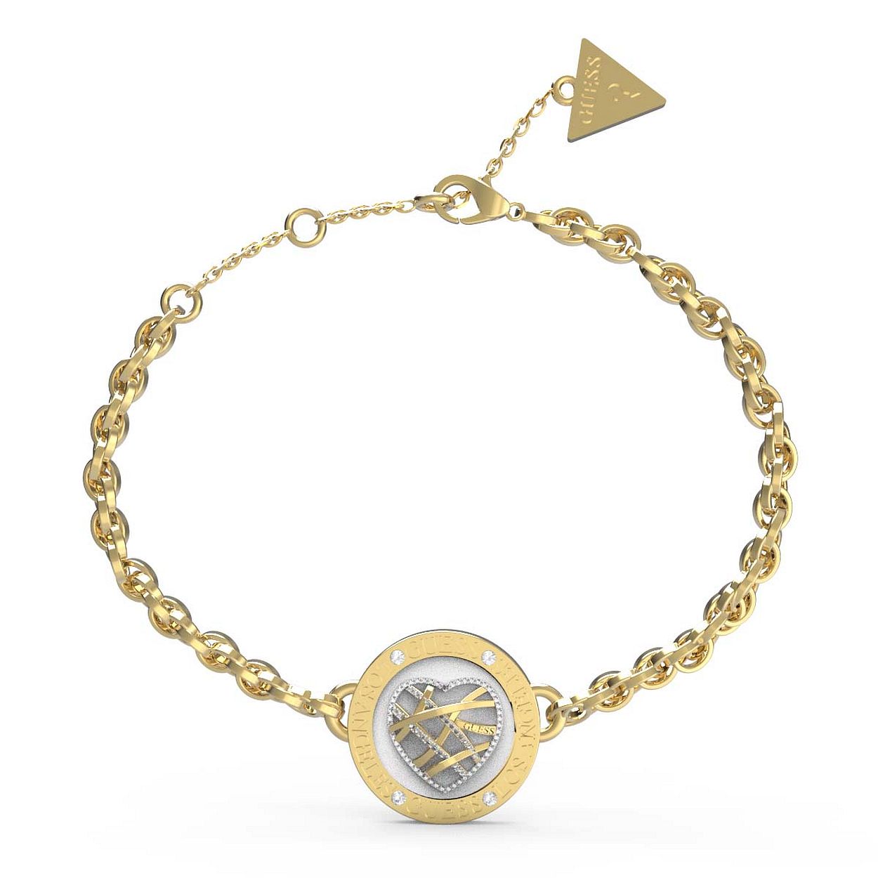 Val op met deze stoere Guess Jewellery schakelarmband uit de HEART CAGE collectie. De opvallende goudkleurige ring met parelmoer plaat is gegraveerd met het Guess logo en de 'heart cage' is deels ingelegd met kristallen.
