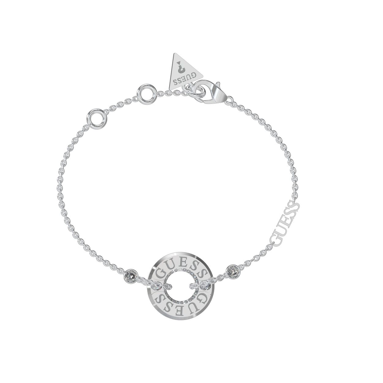 Een fijn design, deze armband uit de JUST GUESS collectie van Guess Jewellery. De zilverkleurige armband heeft in het midden een bedel gegrafeerd met het Guess logo, bijde kanten van de bedel heeft een schitterende zirkonia steen. De band is verstelbaar van 14,6 cm tot 18,4 cm en sluit middels een karabijnsluiting.