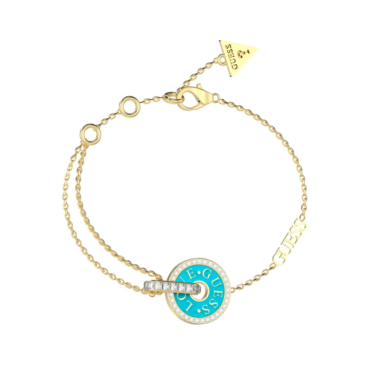 A-symmetrische armband met blauwe details van Guess Jewellery. De armband is gemaakt van hoogwaardige materialen en is zorgvuldig afgewerkt tot in de kleinste details. Met het Guess logo op de blauwe bedel omringd met een rij schitterende kristallen.