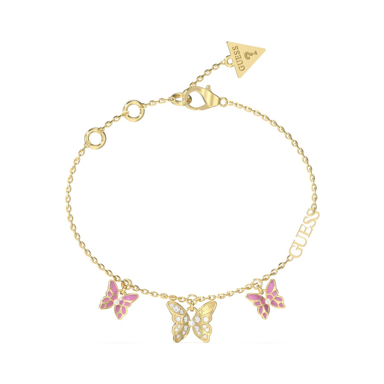 Deze fijne armband uit de CHRYSALIS collectie van Guess Jewellery met lichtroze, kristallen en vlinders is perfect voor de lente en zomer. De lichtroze kleur geeft een vrolijke en vrouwelijke touch aan elke outfit. De kristallen voegen een subtiele glans toe en vlinders op het collier zorgen voor een speels en romantisch gevoel. Deze armband is perfect om te dragen bij een zomerse jurk of bij een casual outfit om net dat beetje extra aan je look toe te voegen.
