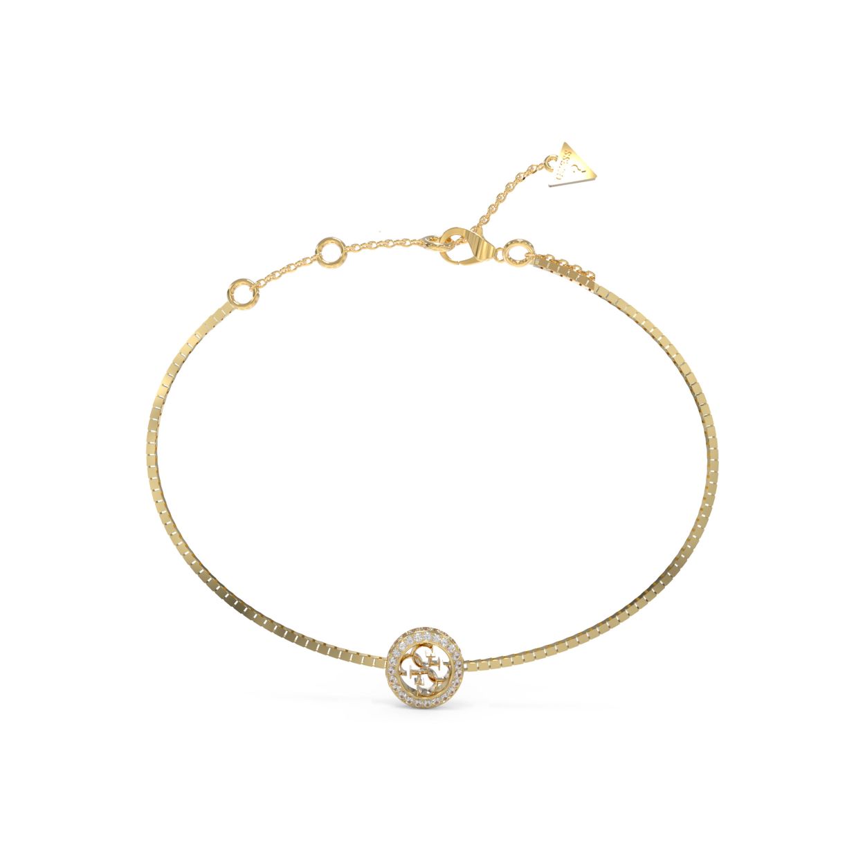 Deze box chain armband van GUESS jewellery is een prachtige aanvulling op elke sieradencollectie. Het goudkleurige design is tijdloos en klassiek, waardoor het bij vrijwel elke outfit past. De bedel met het GUESS logo en kristal is een subtiel detail wat  het geheel helemaal afmaakt.