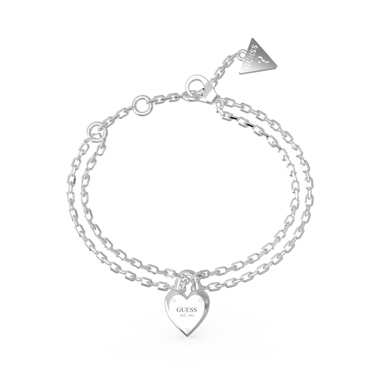 De dubble chain armband van Guess Jewellery is een stijlvolle en elegante armband die perfect past bij elke outfit. De zilverkleurige armband is voorzien van een hart hanger die de armband een romantische uitstraling geeft. De dubbele ketting zorgt voor een speels effect en maakt de armband net even wat specialer.