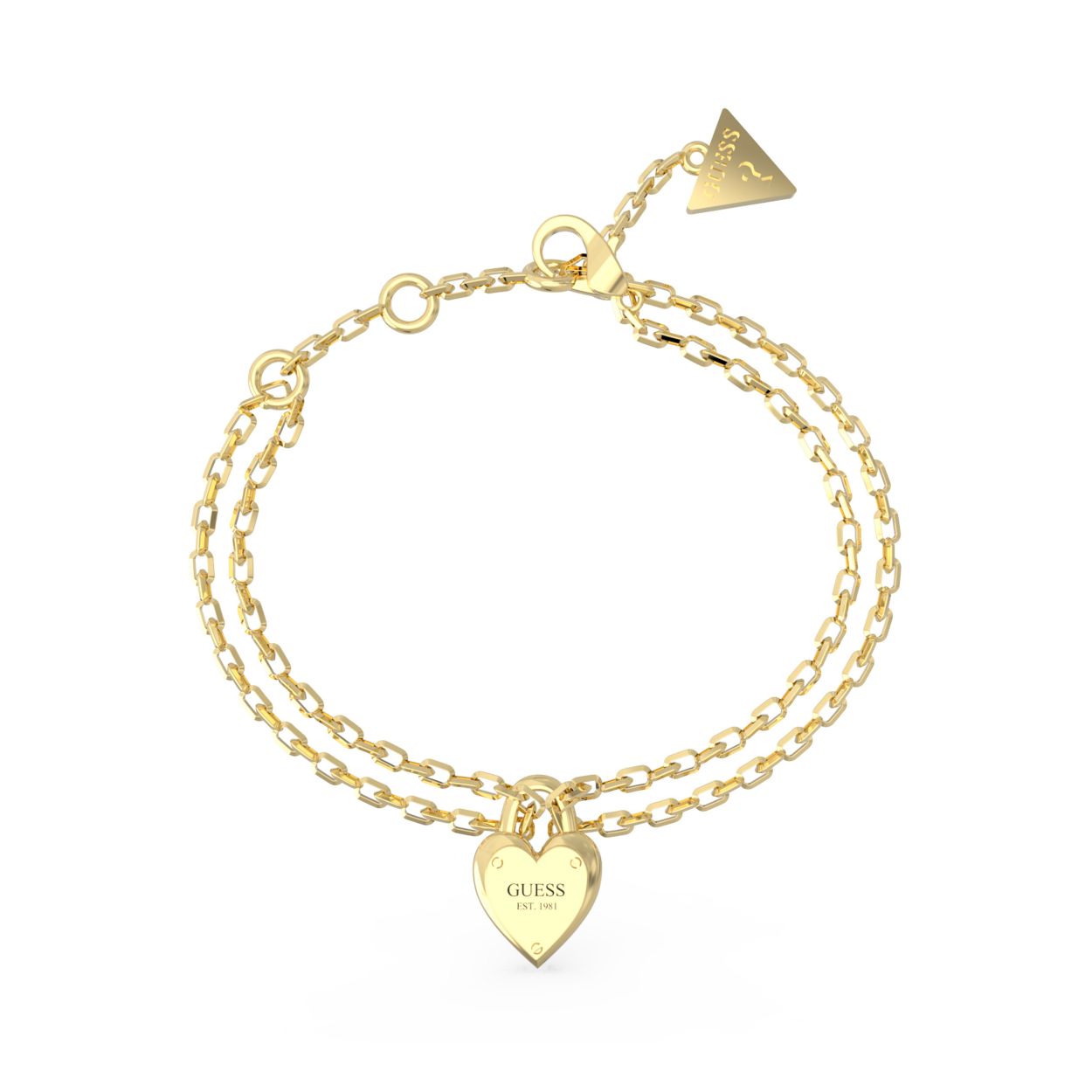 De dubble chain armband van Guess Jewellery is een stijlvolle en elegante armband die perfect past bij elke outfit. De goudkleurige armband is voorzien van een hart hanger die de armband een romantische uitstraling geeft. De dubbele ketting zorgt voor een speels effect en maakt de armband net even wat specialer.