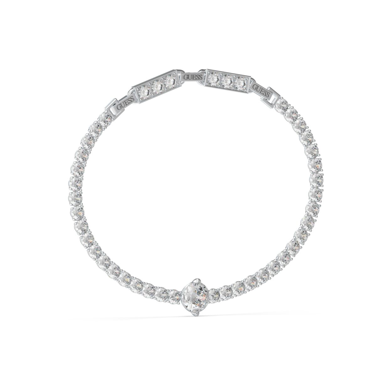Een tijdloze klassieker, de tennisarmband. Deze zilverkleurige uitvoering van GUESS heeft in het middelpunt een extra grote kristal. Het is een perfect cadeau voor een dierbare of voor jezelf als je op zoek bent naar een tijdloos en elegant sieraad dat je dagelijks kunt dragen.