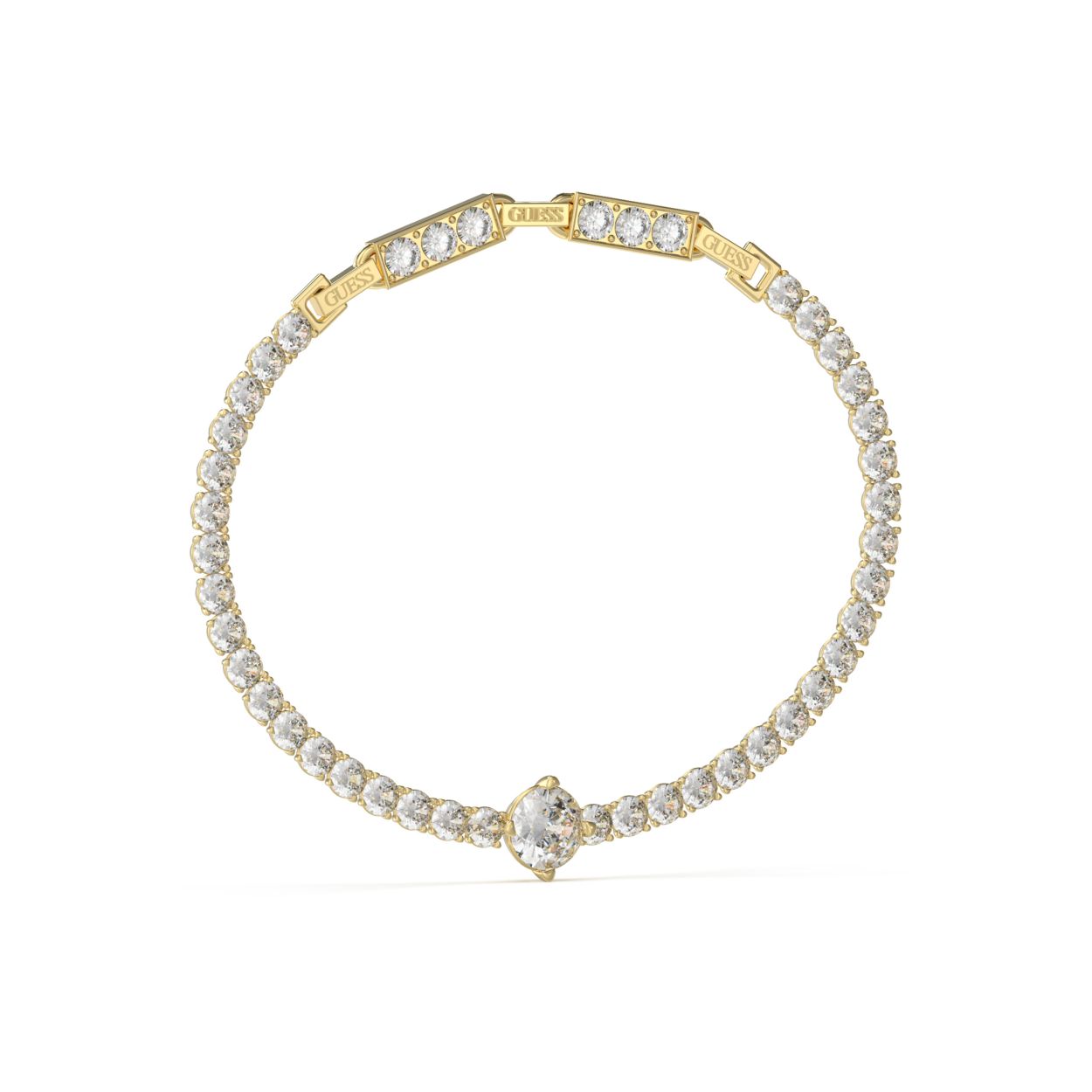 Een tijdloze klassieker, de tennisarmband. Deze goudkleurige uitvoering van GUESS heeft in het middelpunt een extra grote kristal. Het is een perfect cadeau voor een dierbare of voor jezelf als je op zoek bent naar een tijdloos en elegant sieraad dat je dagelijks kunt dragen.