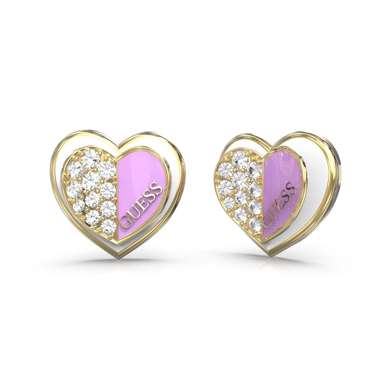 Deze 16 mm hart vormige oorstekers uit de LOVELY GUESS collectie zijn deels bezet met schitterende kristallen. De andere helft van wit onderlegde stekers is gegraveerd met het Guess logo op de lila ondergrond. Maak deze opvallende set helemaal compleet met de armband en het schakelcollier uit de LOVELY GUESS lijn.
