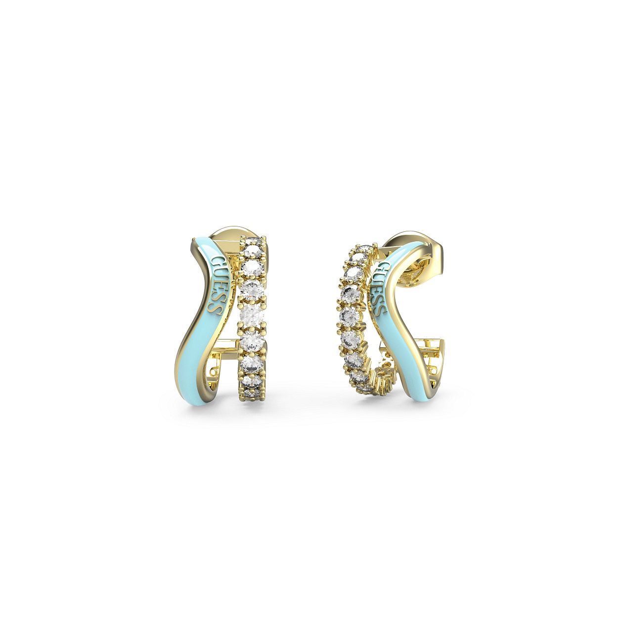 Deze hippe oorbellen uit de PERFECT LIAISON collectie van Guess Jewellery zijn een must have voor deze zomer. De goudkleurige oorringen bestaan uit 2 ringen, een ring volledig gezet met stenen en een ring met een blauw golvend silhouet. De hoogte van deze hoops zijn 17 mm.
