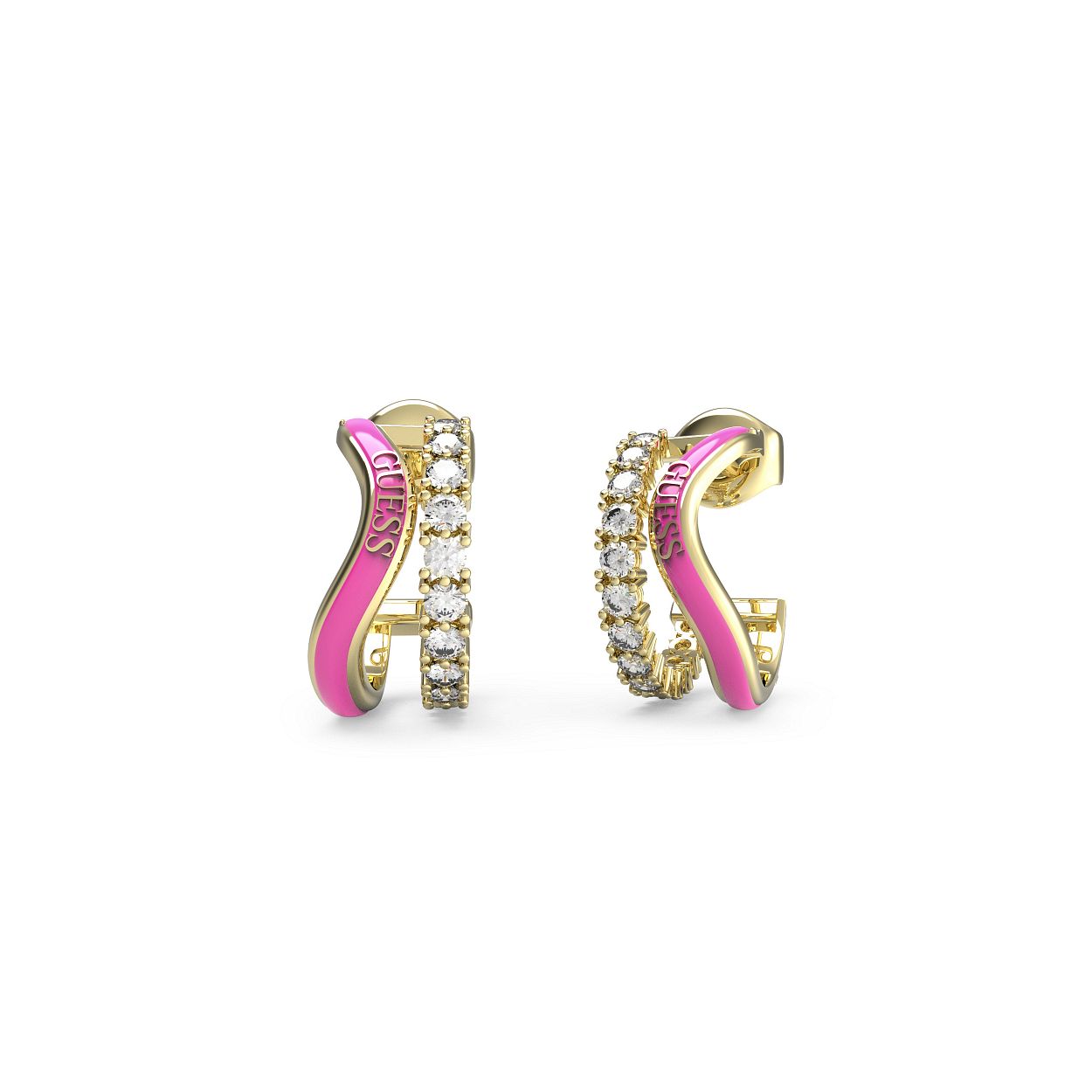 Deze hippe oorbellen uit de PERFECT LIAISON collectie van Guess Jewellery zijn een must have voor deze zomer. De goudkleurige oorringen bestaan uit 2 ringen, een ring volledig gezet met stenen en een ring met een roze golvend silhouet. De hoogte van deze hoops zijn 17 mm.