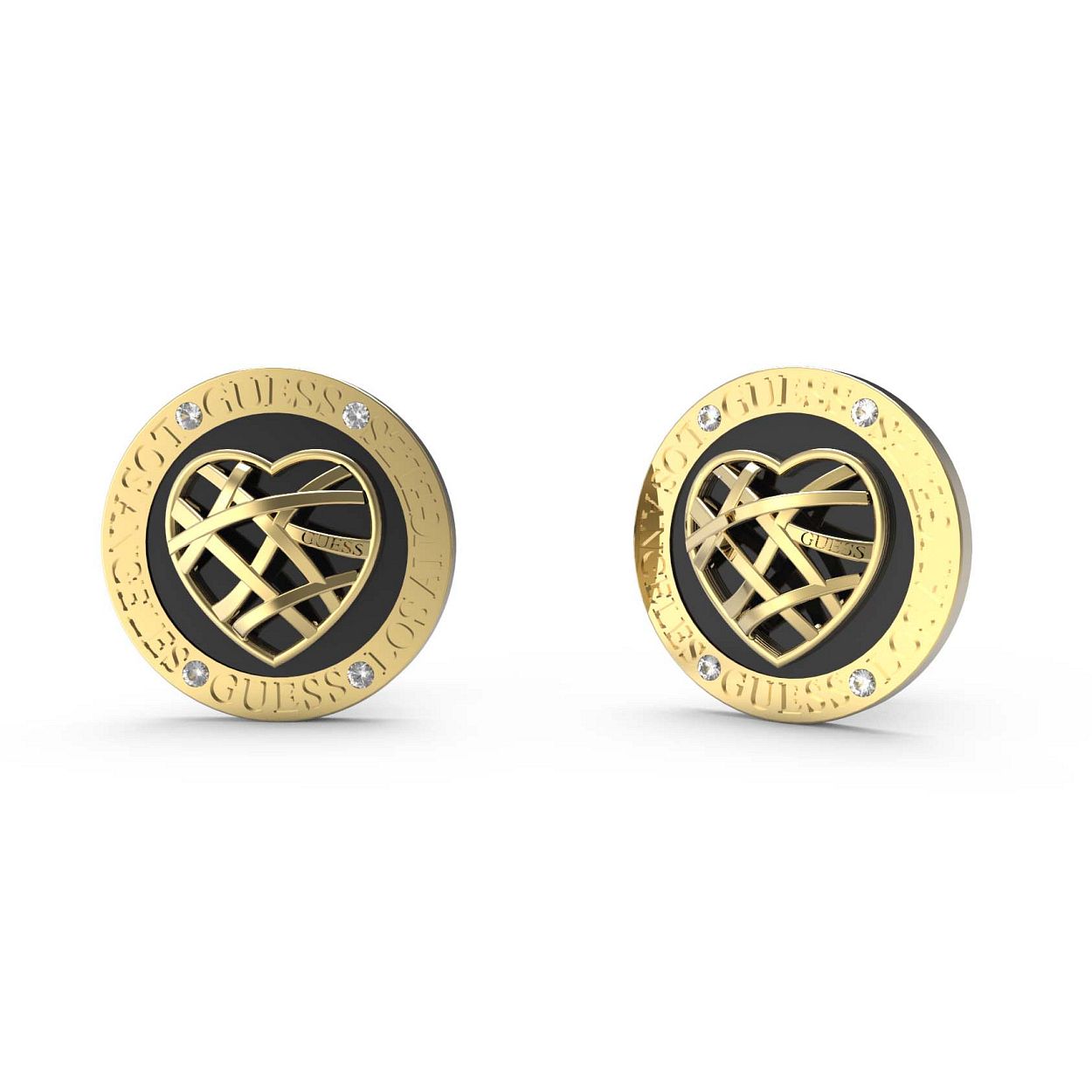 Echte eye-catchers, deze oorbellen uit de HEART CAGE collectie van Guess Jewellery. De 'heart cage' op de hanger komt extra mooi uit door de zwarte plaat, omringd door een gouden rand met het Guess logo en kristallen.