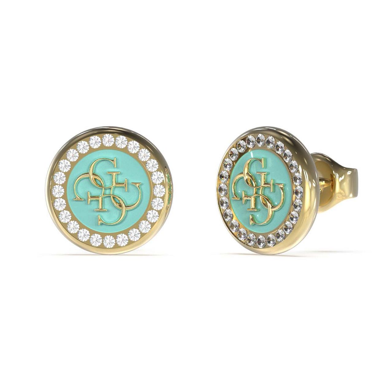 Deze tijdloze turquoise met goudkleurige oorknoppen van de Guess Jewellery DREAMING GUESS collectie zijn een must have voor in jouw sieraden collectie. De ronde oorstekers zijn omringd door een rij schitterende kristallen en hebben het iconisch 4G logo in het roze middelpunt.