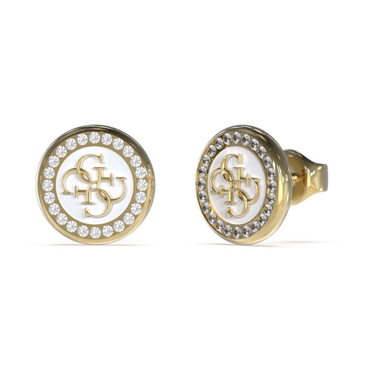 Deze tijdloze parelmoer met goudkleurige oorknoppen van de Guess Jewellery DREAMING GUESS collectie zijn een must have voor in jouw sieraden collectie. De ronde oorstekers zijn omringd door een rij schitterende kristallen en hebben het iconisch 4G logo in het roze middelpunt.