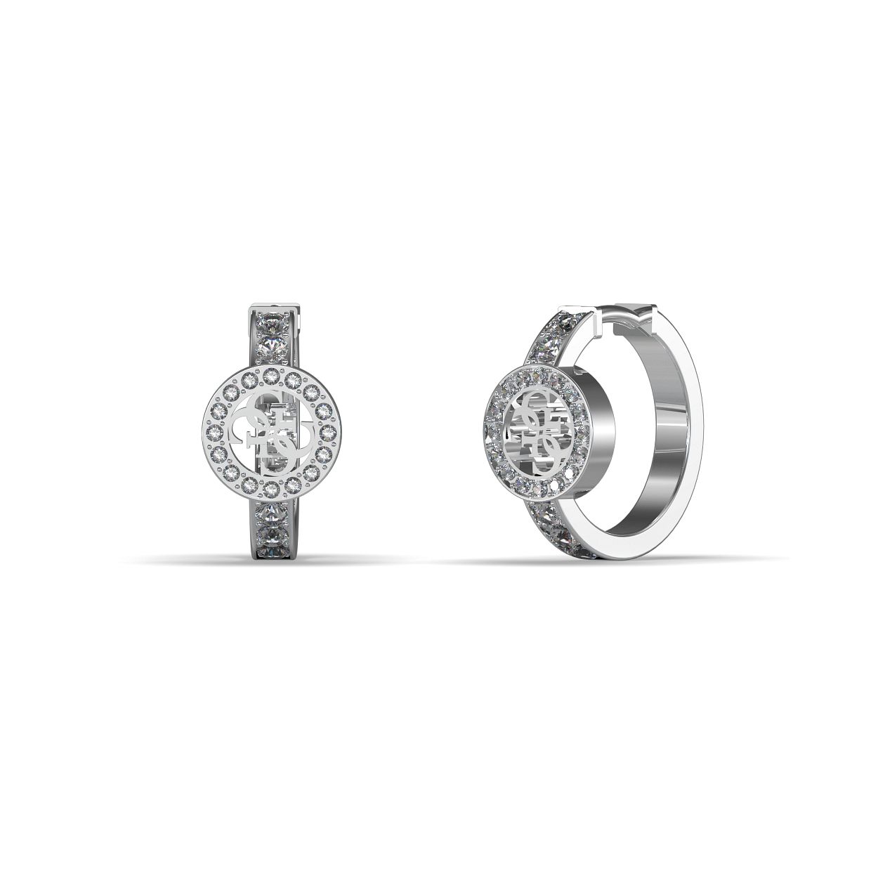 Een tijdloos design, deze zilverkleurige oorbellen uit de HUGGIE ME collectie van Guess Jewellery. De band is volledig gezet met zirkonia stenen met in het middelpunt het iconische Guess 4G logo. De oorbellen hebben een diameter van 15 mm.
