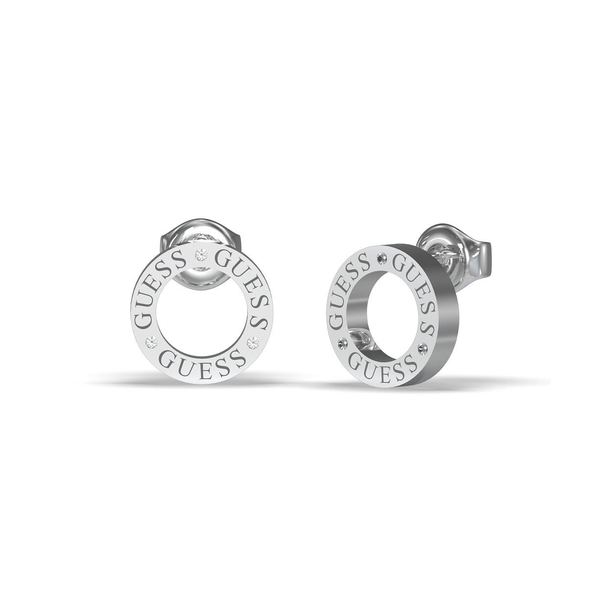 De CIRCLE LIGHTS zilverkleurige ronde oorstekers van Guess Jewellery zijn rondom gegraveerd met het Guess logo en gezet met kristallen. De stekers hebben een diameter van 12 mm en zijn de perfecte set met de 'snake' armband JUBB03172JWRH-S en collier JUBN031171JWRHT-U.