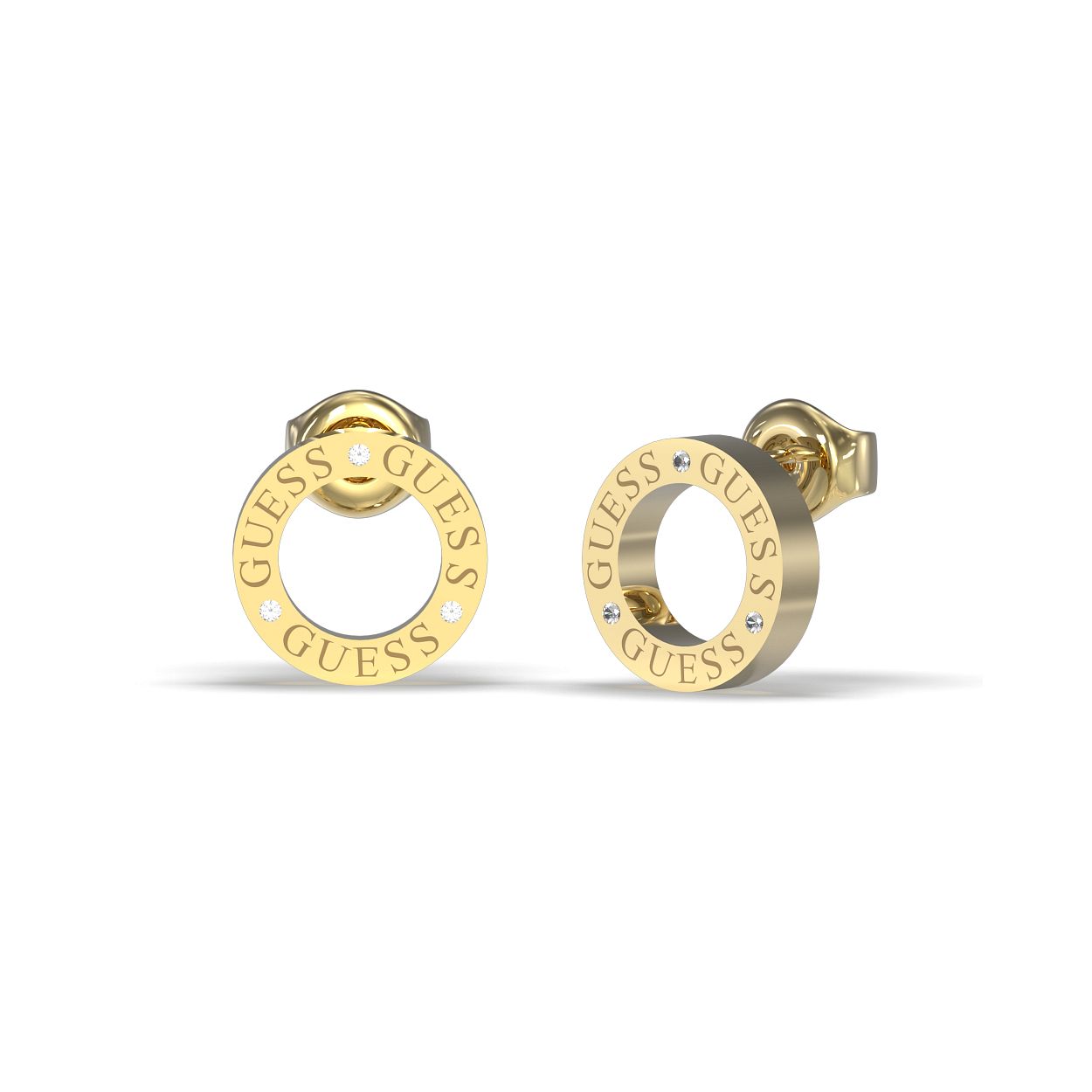 De CIRCLE LIGHTS goudkleurige ronde oorstekers van Guess Jewellery zijn rondom gegraveerd met het Guess logo en gezet met kristallen. De stekers hebben een diameter van 12 mm en zijn de perfecte set met de 'snake' armband JUBB03172JWYG-S en collier JUBN03171JWYGT-U.