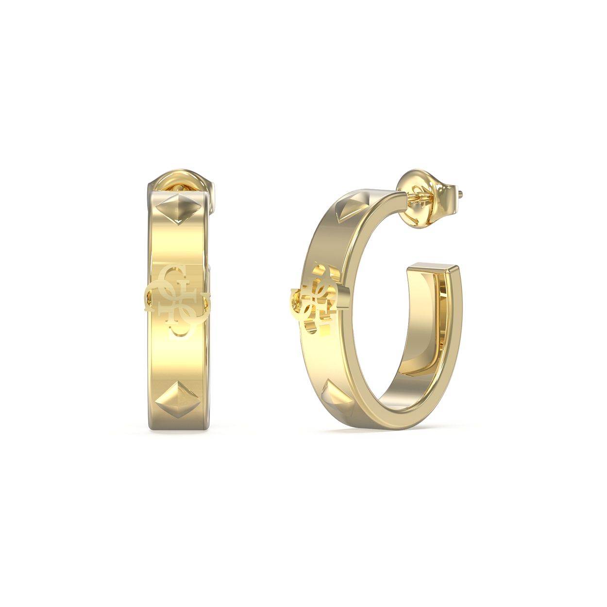 Klassiekers met een Guess twist, deze gouden hoops uit de 4G Forever collectie. Met een diameter van 22mm zijn ze een subtiele, toch opvallende grote. Met stoere gouden stud details en in het middelpunt het iconische 4G logo.