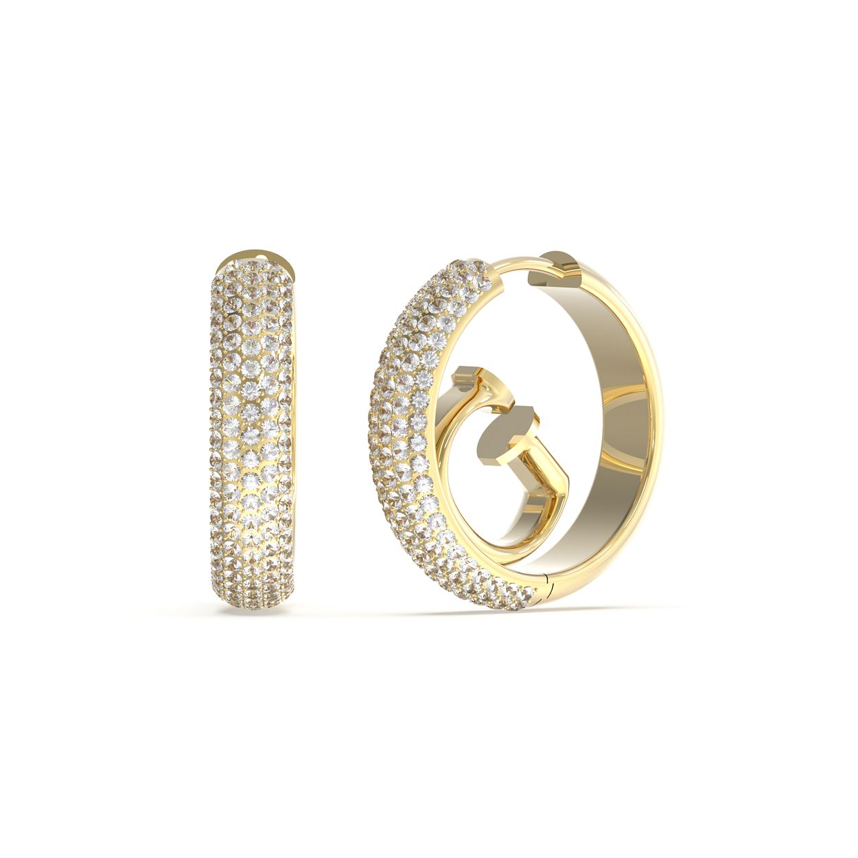 Val op met deze shiney eye catchers uit de Crazy Earring collectie van Guess Jewellery. De goudkleurige huggies, aan de buitenkant bezet met kristallen, hebben een diameter van 20mm. De binnenkant heeft een 3D G-logo en sluit met een klapsluiting.