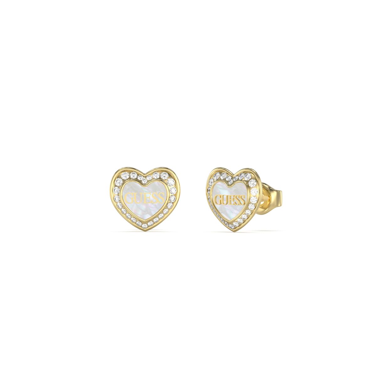 Goudkleurige, hartvormige GUESS oorstekers met diameter van 1,2 cm. Het herkenbare GUESS logo, parelmoer en de sprankelende kristallen voegen een vleugje glamour toe aan deze tijdloze oorbellen. Of je nu een avondje uit gaat of gewoon je dagelijkse outfit wat extra flair wilt geven, deze oorstekers zijn de perfecte keuze.