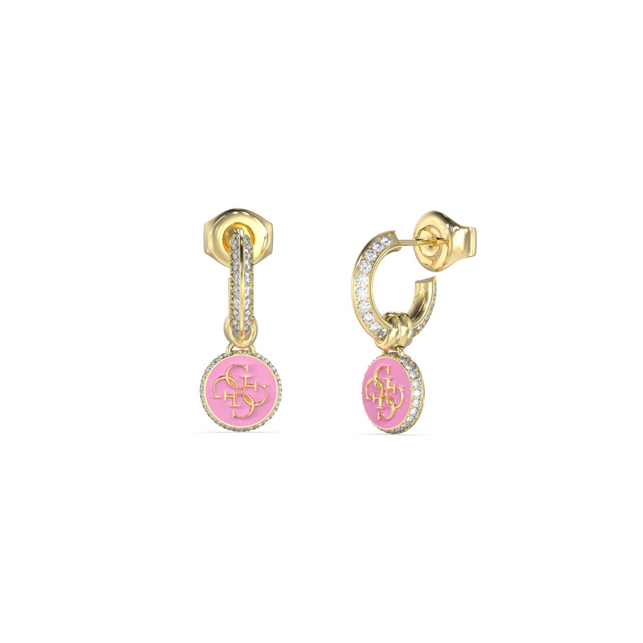 Goudkleurige oorstekers van Guess Jewellery. De goudkleurige afwerking voegt een vleugje glamour toe, terwijl de lichtroze accenten een subtiele en vrouwelijke touch geven. De roze hanger met in het middelpunt het iconische 4G logo, is omringd door een rij schitterende kristallen met een goud knoopdetail.