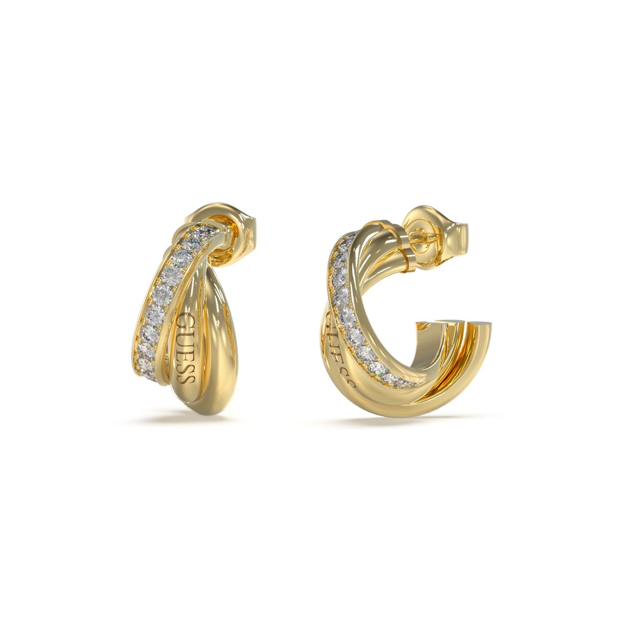 Goudkleurige oorringen van Guess Jewellery met gedraaid detail. Met het Guess logo in het middelpunt en een rij schitterende kristallen. Met een diameter van 17 mm zijn deze oorbellen zijn eindeloos te comibeneren met elke outfit.