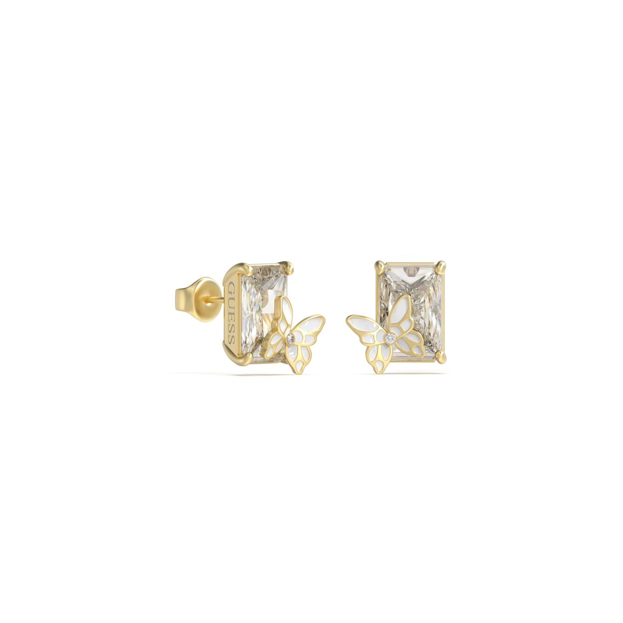 Een super vrolijke eye-catcher, deze goudkleurig oorbellen van Guess Jewellery. De 1,5 cm grote stekers schitteren door de kristallen en hebben feestelijke vlinder details. Of je ze nu draagt naar een feestje of gewoon naar je werk, deze oorbellen van Guess Jewellery zullen zeker de aandacht trekken en je een glimlach bezorgen.