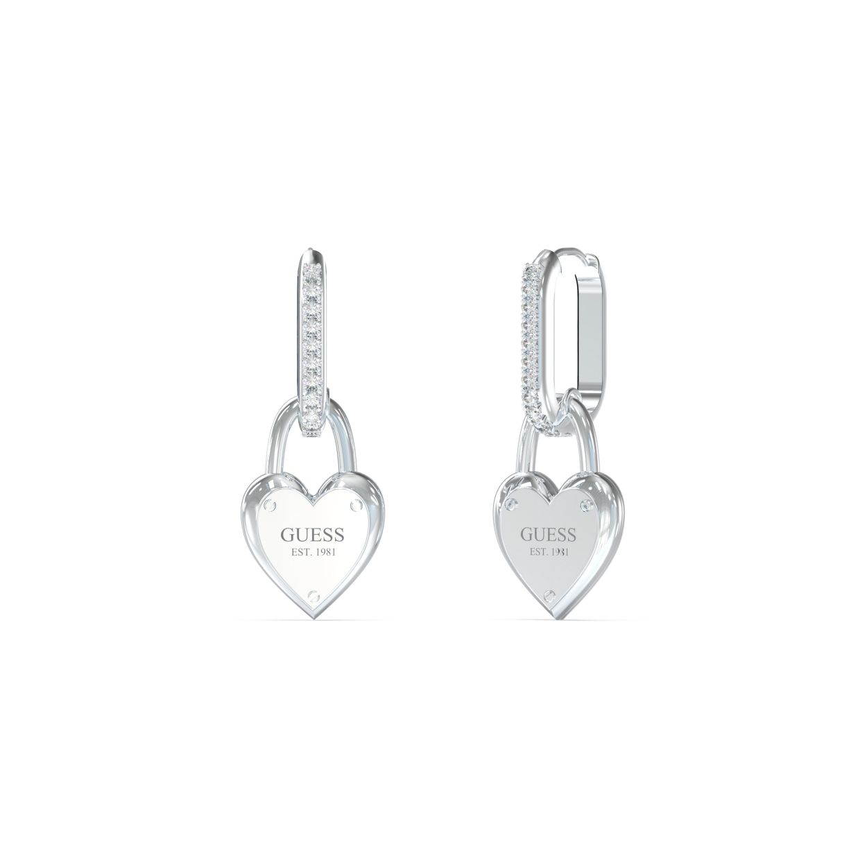 Pave hart lock huggies van Guess Jewellery. De zilverkleurige ovale ringen zijn gezet met schitterende kristallen en de hart hangers hebben het herkenbare GUESS logo in het middelpunt. De hangers zijn 30 mm lang en makkelijk te combineren met elke outfit.
