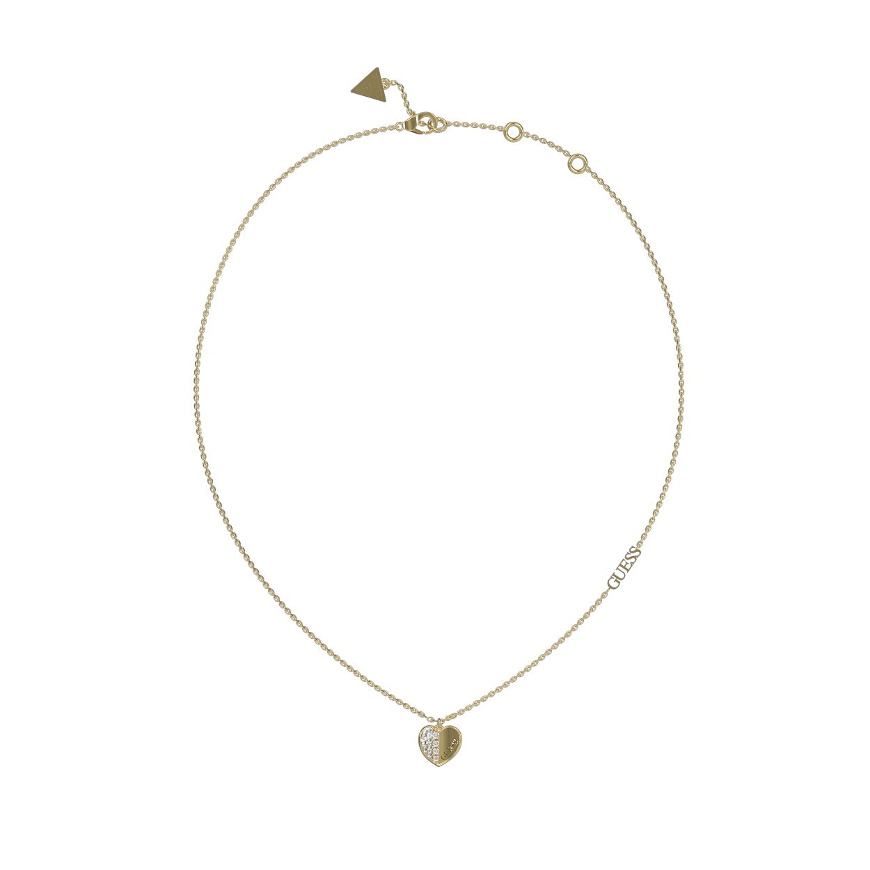 Een fijn design, dit collier uit de LOVELY GUESS collectie van Guess Jewellery. Het goudkleurige collier heeft in het midden een hart bedel gegrafeerd met het Guess logo, de helft van de bedel is gezet met schitterende kristallen. De band is verstelbaar van 14,6 cm tot 18,4 cm en sluit middels een karabijnsluiting.