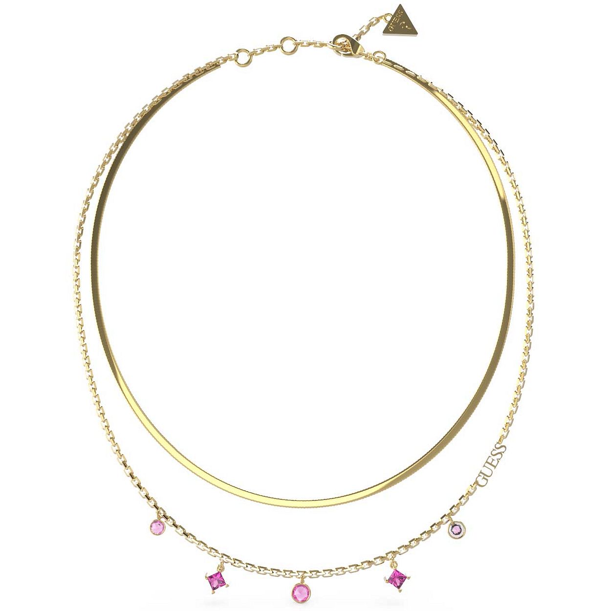 Een must have voor dit seizoen, dit goudkleurige collier uit de PERFECT LIAISON collectie van Guess jewellery. De trend van het moment, de 'snake' band, in dit model gecombineerd met een fijne schakel met roze- en transparante zirkonia bedels.