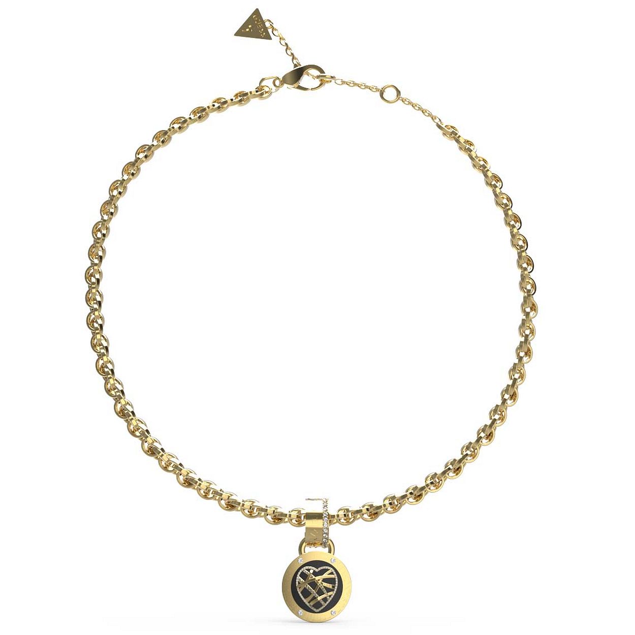 Echte eye-catchers, dit schakelcollier uit de HEART CAGE collectie van Guess Jewellery. De 'heart cage' op de hanger komt extra mooi uit door de zwarte plaat, omringd door een gouden rand met het Guess logo en kristallen.