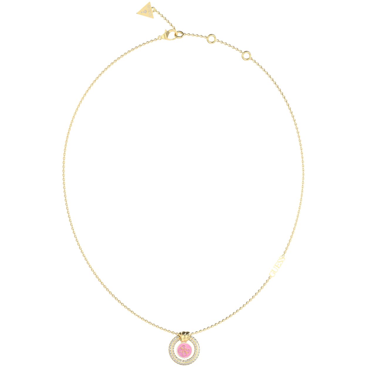 Verstelbaar goudkleurig collier van Guess Jewellery met lichtroze accenten. De goudkleurige afwerking voegt een vleugje glamour toe, terwijl de lichtroze accenten een subtiele en vrouwelijke touch geven. De roze hanger met in het middelpunt het iconische 4G logo, is omringd door een rij schitterende kristallen met een goud knoopdetail.