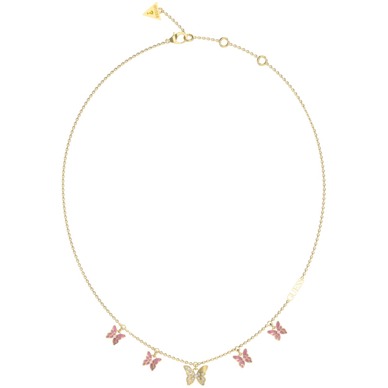 Dit fijne collier uit de CHRYSALIS collectie van Guess Jewellery met lichtroze, kristallen en vlinders is perfect voor de lente en zomer. De lichtroze kleur geeft een vrolijke en vrouwelijke touch aan elke outfit. De kristallen voegen een subtiele glans toe en vlinders op het collier zorgen voor een speels en romantisch gevoel. Dit collier is perfect om te dragen bij een zomerse jurk of bij een casual outfit om net dat beetje extra aan je look toe te voegen.