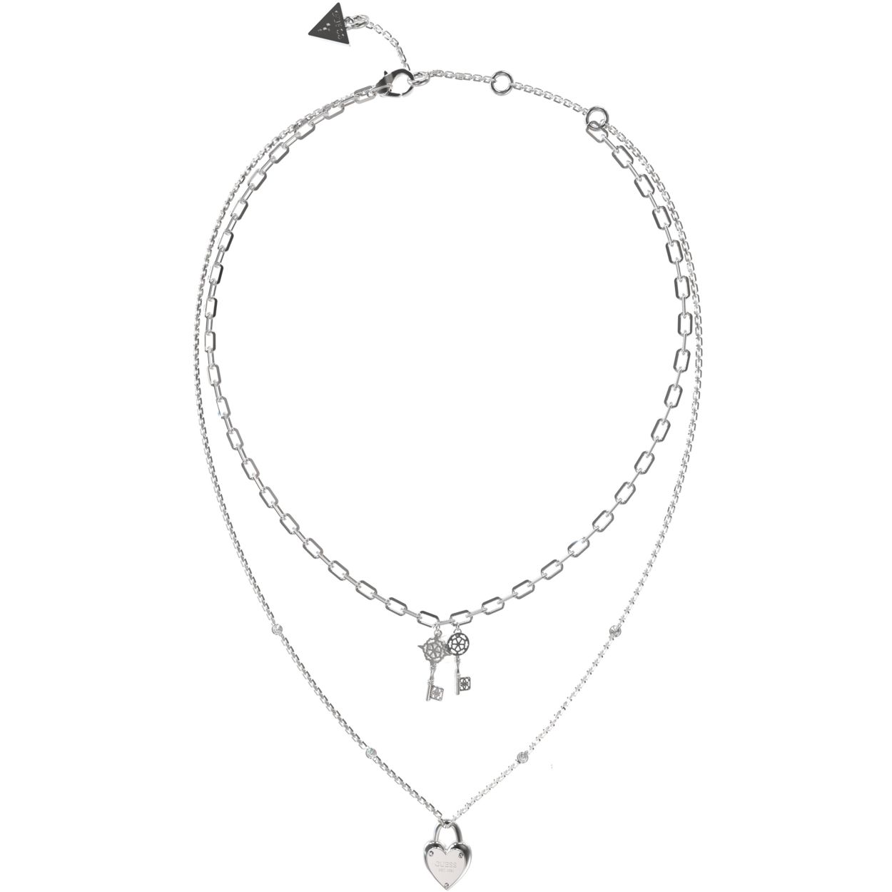 Deze dubble chain van Guess Jewellery is een stijlvol en elegante collier die perfect past bij elke outfit. Dit zilverkleurige schakelcollier is voorzien van een hart hanger die de armband een romantische uitstraling geeft. De dubbele ketting en de sleutel hangers maken het design helemaal af.