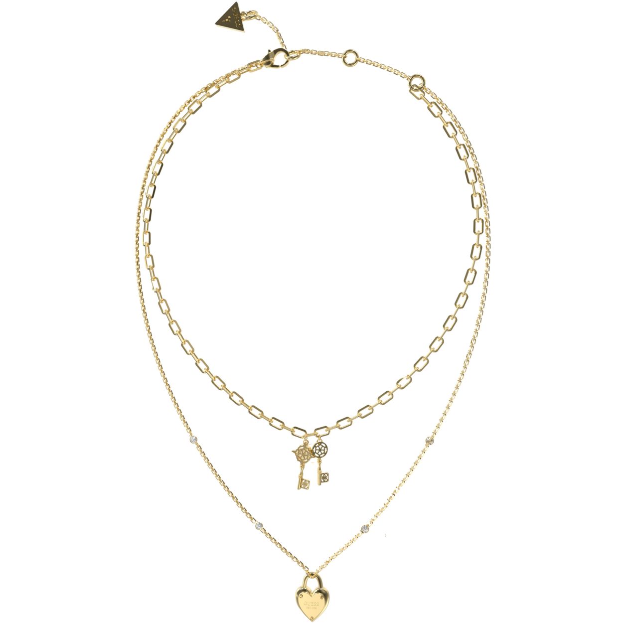 Deze dubble chain van Guess Jewellery is een stijlvol en elegante collier die perfect past bij elke outfit. Dit goudkleurige schakelcollier is voorzien van een hart hanger die de armband een romantische uitstraling geeft. De dubbele ketting en de sleutel hangers maken het design helemaal af.