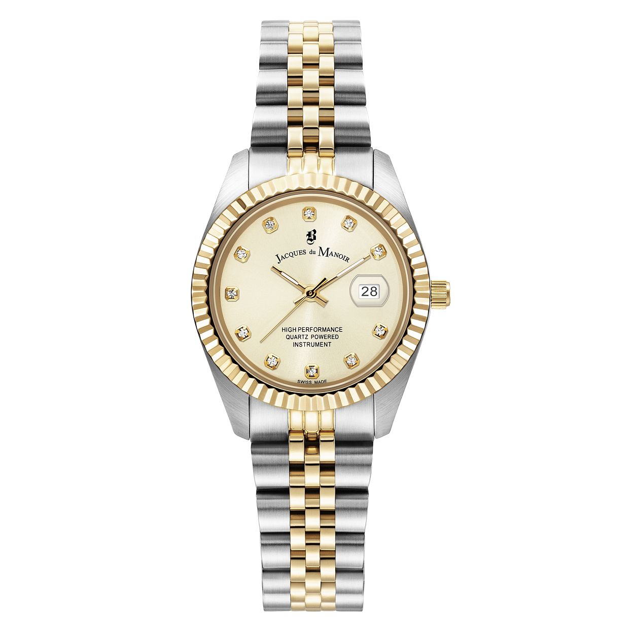 Dames Horloge met goudkleurige wijzerplaat ingelegd met zirkonia's en een bi-colour roestvrij stalen schakel band.